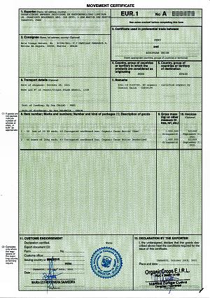 A EUR.1 certificate of origin issued by OrganicCrops 