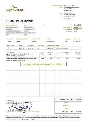 A sample commercial invoice issued by OrganicCrops 