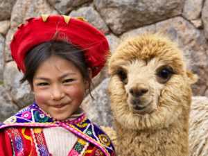 Peruvian girl in traditional clothes with alpaca
