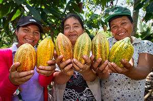 Peruvian women proudly showing off their cacao pods